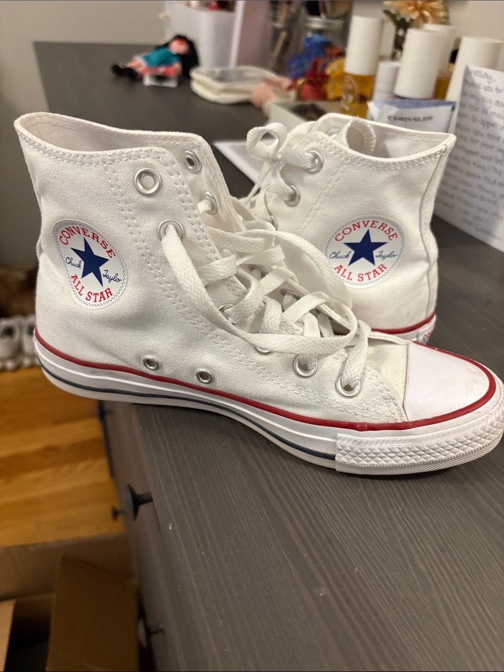 Converse White High Top Sneakers with Red & Blue Accents